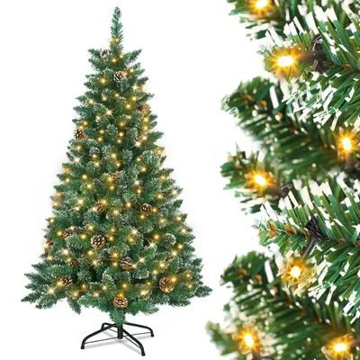 Obrázok produktu pre XMTECH 180 cm PVC umelý vianočný stromček s teplým osvetlením LED jedľa so snehom a borovicovou šiškou vianočná dekorácia