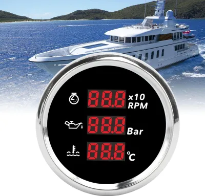 Immagine prodotto di Misuratore digitale di pressione dell'olio e temperatura dell'acqua da 52 mm con retroilluminazione, display LED 3 in 1, contagiri per barche, yacht, camper, camion, motociclette, 810-00324, quadrante nero, lunetta argentata