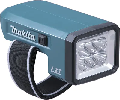 A teal and black Makita LED flashlight with a black and white elastic strap.