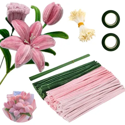 Produktbild von Pfeifenreiniger Blumen Set 320 Stück 3 Farben mit Basteldraht Staubgefäße DIY Dekoration Tulpe Rosa Grün Hellrosa