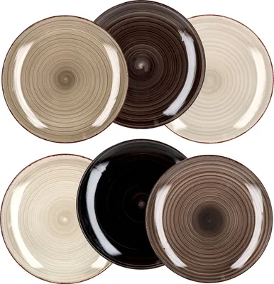 A collection of six dinner plates in various shades of grey and brown, arranged in two rows.