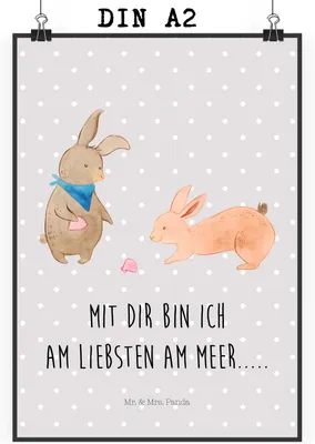Produktbild von Mr. & Mrs. Panda Bild Hasen Muschel DIN A2 - Grau Pastell - Geschenk, Strand, drucke, Best Friends, Wandbild, Meer, Muttertag, Plakat, BFF, wanddeko, kunstdruck poster
