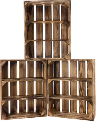 Three wooden crates with shelves are arranged in a staggered formation against a white background.