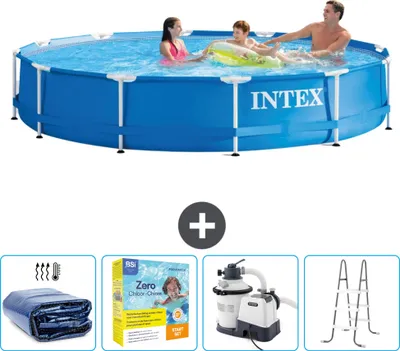 Produktbild von Intex-Schwimmbecken mit rundem Rahmen – 366 x 76 cm – Blau – im Lieferumfang enthalten Sonnensegel - Wartungspaket - Filterpumpe für Schwimmbad - Leiter