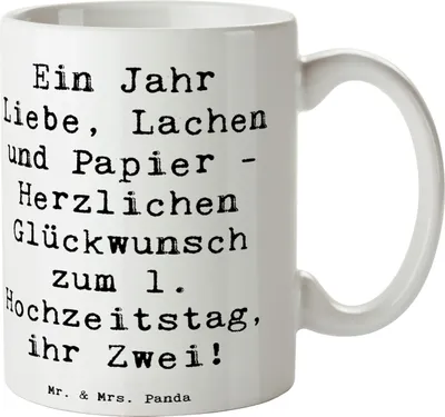 Produktbild von Mr. & Mrs. Panda Becher Spruch 1. Hochzeitstag Papierhochzeit - Weiß - Geschenk, Tasse, Heiraten, Ehejahrestag, romantisches, Pott, Kaffeebecher, Kaffeetasse, Heirat