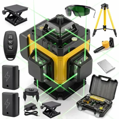Produktbild von Kreuzlinienlaser 4D 16 Linien 360° Grün mit Stativ, Fernbedienung, 2 Akkus & Koffer, selbstnivellierend, KI-generiertes Bild