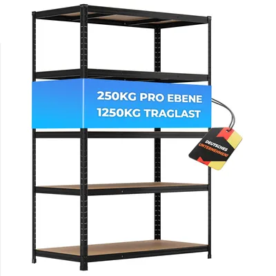 Produktbild von ALL Premium Schwerlastregal 180x120x60 cm Schwarz 1250kg Traglast ideal für Keller & Garage