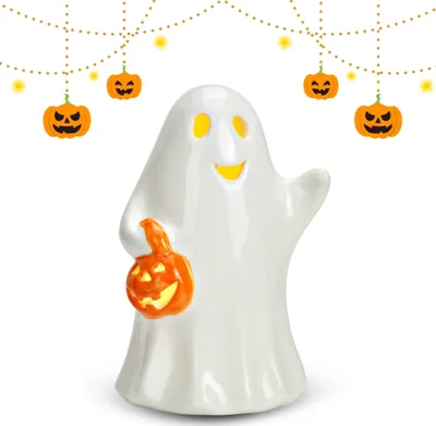 Produktbild von Keramik Geist mit LED & Kürbis, Weiß, Halloween Deko, 14 cm