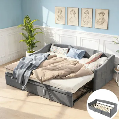 Produktbild von INONEFT Tagesbett 90x200cm/180x200cm mit Ausziehbett, Erweiterbares Schlafsofa mit Lattenrost, Daybett, Gästebett, Samt, Grau