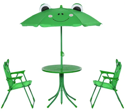 Produktbild von Kinder-Gartentisch- und Stuhlset, faltbares Picknickset fš¹r Kinder, Tischset mit h?henverstellbarem Sonnenschirm (100šC125 cm), Design: Grš¹ner Frosch