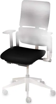 A black office chair seat and backrest are shown against a white background. The base and arms of the chair are faded out.
