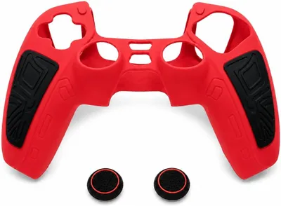 Produktbild von Schutzhülle – Kompatibel mit PlayStation 5 – Silikonhülle – Controller – Schutzhülle mit Griffflächen und 2 Thumbstick-Abdeckungen – Rot – Schwarz