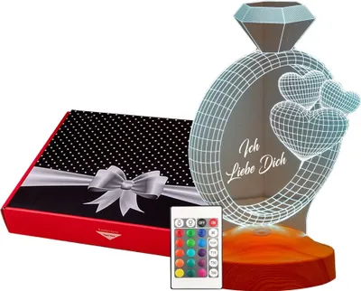 Produktbild von GESCHENKELAMPE Nachttischlampe Ringe 3D mehrfarbige Nachtlicht Verlobungsgeschenk