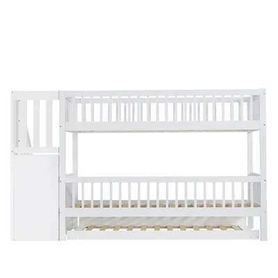 Produktbild von Flieks Etagenbett 90x200cm mit Ausziehbett, Hochbett mit Stauraumtreppe, Kinderbett mit Rausfallschutz und Lattenrost, Stockbett Holzbett, Weiß