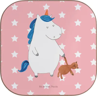 Produktbild von Mr. & Mrs. Panda Untersetzer für Gläser Einhorn Teddy - Rot Pastell - Geschenk, Unicorn, Single, Bett, Holzuntersetzer, Gute Nacht, gläseruntersetzer, Tischuntersetzer