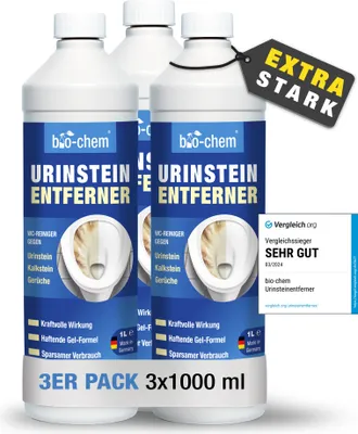 Produktbild von bio-chem Urinsteinentferner EXTRA STARK - 3x 1000 ML - Extrem kraftvoller & hochkonzentrierter Profi WC-Reiniger - Entfernt mühelos hartnäckigste Ablagerungen und Gerüche - Germany