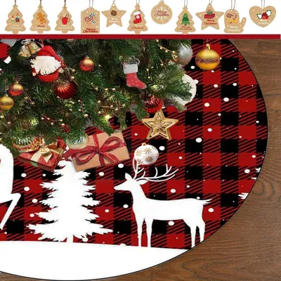 Immagine prodotto di Copertura rotonda per albero di Natale, diametro 120 cm, colore rosso, realizzata in ecopelle, con 50 decorazioni