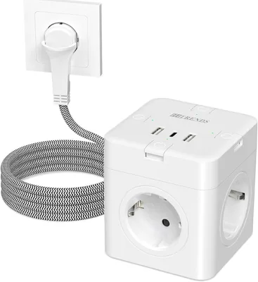 Produktbild von Steckdosenwürfel mit 2 USB-Anschlüssen und 1 USB-C-Anschluss - 4-fach Steckdosenleiste - Mehrfachsteckdose mit Einzelschalter - Weiß