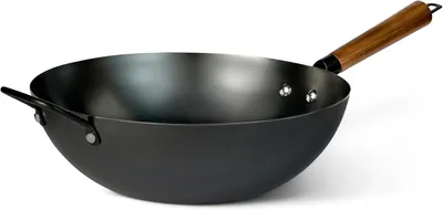 Productafbeelding van Wok 32 cm - Koolstofstalen wokpan ingebrand - Acaciahouten handvat - Geschikt voor alle warmtebronnen