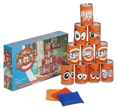 Zdjęcie produktu dla Relaxdays – rzucanie puszkami dla dzieci, gra w rzucanie puszkami do ogrodu, 10 puszek blaszanych i 3 worki, gra rzutowa na urodziny dla dzieci, kolorowa