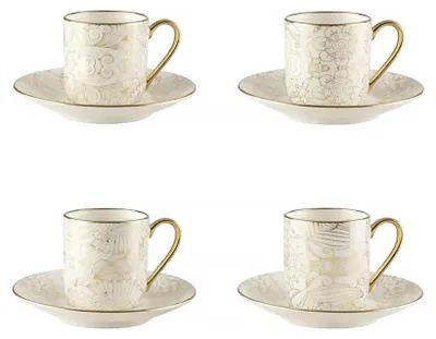 Produktbild von Kaffeetassen mit Untertassen, weiß, abstraktes Design – Set mit 4 Stück