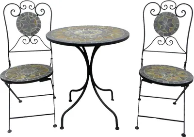A black metal bistro set with mosaic tile accents, consisting of a round table and two chairs, is displayed against a white background.
