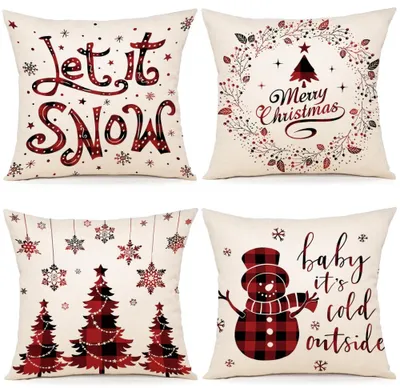 Produktbild von Set mit 4 weihnachtlichen Leinenkissenbezügen, 45x45 cm, für Sofa, Schlafzimmer und Sessel.