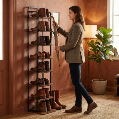 Produktbild von Vertikales Schuhregal, 8-Stöckig, Platzsparend, Braun und Schwarz | Schuhturm für Kleine Räume, Freistehend, Verstellbar