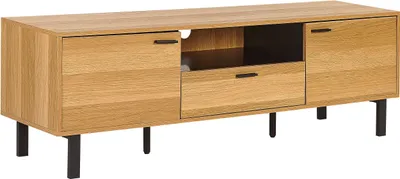 Produktbild von BELIANI TV-Möbel Heller Holzfarbton / Schwarz MDF-Platte 160 x 40 x 51 cm mit Metallgestell 2 Türen Schublade Offenem Fach Wohnzimmer Ausstattung