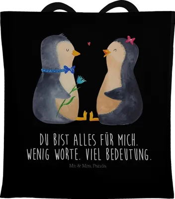 Produktbild von Mr. & Mrs. Panda Tote Bag Pinguin Pärchen - Schwarz - Geschenk, Hochzeitstag, Shopping Tasche, canvas, Jahrestag, Jutebeutel, Liebe, Laptoptasche, Einkaufstüte
