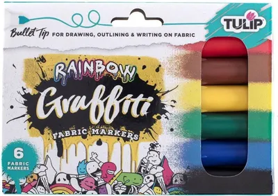 Zdjęcie produktu dla Tulip | Markery do tkanin typu „bullet point” – motyw tęczowego graffiti, 6 szt.