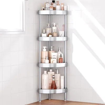 Image de Étagère d'angle pour douche, autoportante, en aluminium résistant à la rouille, avec 4 étagères, pieds en caoutchouc réglables, installation sans perçage, système de drainage efficace