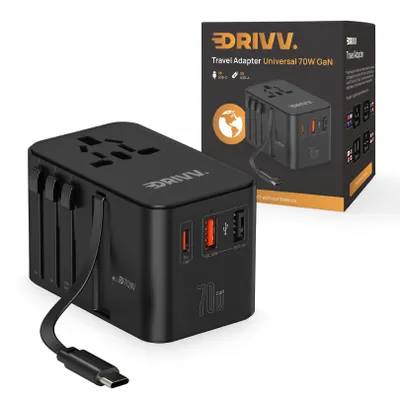Zdjęcie produktu dla Drivv. Uniwersalna wtyczka światowa 70W z kablem USB-C - 2x USB i USB-C - Wtyczka podróżna dla Ameryki / Anglii / Japonii / Tajlandii - Czarny