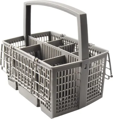 A gray dishwasher cutlery basket with a handle, shown from a slightly elevated angle against a white background.