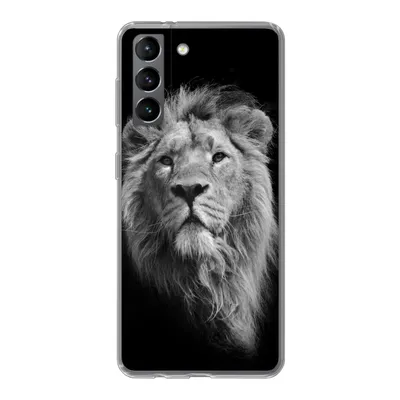 Produktbild von MuchoWow® Handyhülle Schutzhülle Hülle für Samsung Galaxy S21 Asiatischer Löwe vor schwarzem Hintergrund in Schwarz und Weiß Silikon Softcase Handy Hülle - Softcase