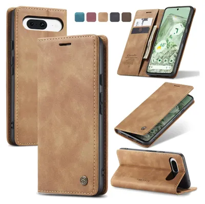 Collage of images showing a brown leather flip phone case for a Google Pixel 8a, with different angles and color options.