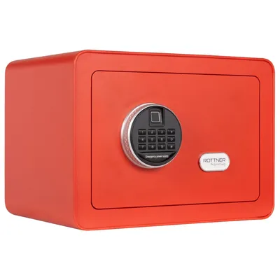 Imagen del producto de Caja fuerte electrónica vintage para muebles, marca Rottner, color rojo. Incluye cerradura electrónica con sensor de huellas dactilares. Dimensiones: 35 x 25 x 25 cm