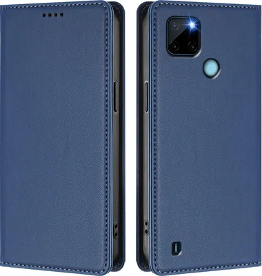 Image de Étui en cuir pour Realme C21Y, étui à rabat magnétique en cuirPolyuréthaneavec support, bleu foncé
