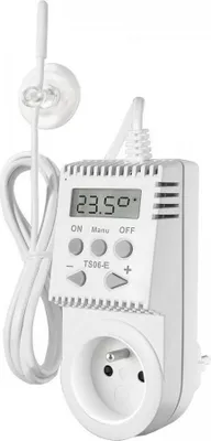 A white digital thermostat with a temperature display and buttons, plugged into a wall socket.