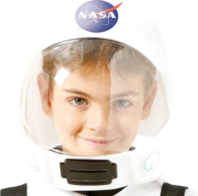 A child wearing a NASA astronaut helmet.