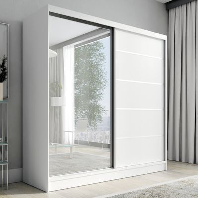 Schwebetürenschrank, 2-türig Schrank mit Spiegel NERO 200 cm (Weiß)