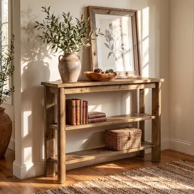 Produktbild von 104 cm Konsolentisch aus Massivholz mit Ablagen, dreistufiger Eingangstisch, Schmaler, Beistelltisch hinter dem Sofa, kleiner Landhaus-Sofatisch