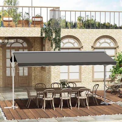 Produktbild von Standmarkise freistehend 4,5 x 3,4 m, Gartenmarkise Faltarm Kurbel, Terrassenmarkise Polyester Metall pulverbeschichtet, Grau | 255 cm Höhe | 18,5 kg