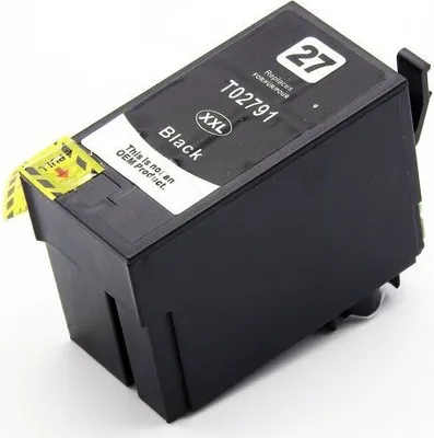 A black printer ink cartridge is shown against a white background.