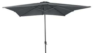 A dark gray square patio umbrella is shown against a white background.