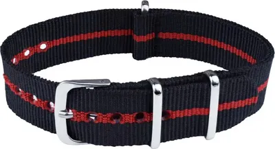 Zdjęcie produktu dla ClassicWatchStraps Nylonowy pasek do zegarka - czarny/czerwony (3 paski), 22 mm, srebrny polerowany