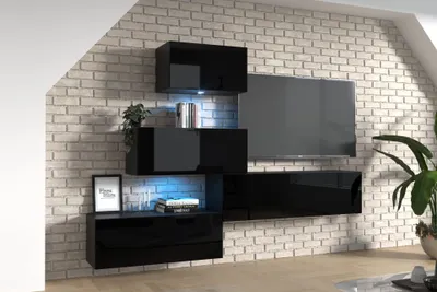 Produktbild von Furnitech Wohnwand Wohnzimmer - Hängend Wohnwand Modern - Wohnzimmer Schrankwand mit Regale und TV Schrank - Wohnzimmer Möbel ohne LED (EX14-21B-HG1)