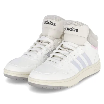 A pair of white Adidas mid-top sneakers with light purple stripes and pink accents.