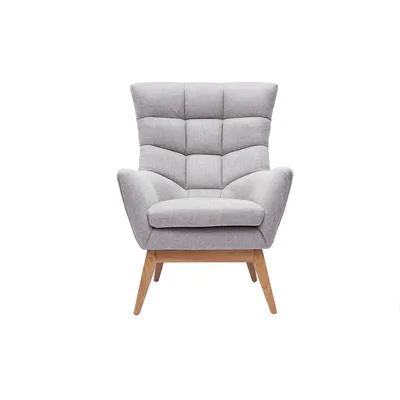 A light gray armchair with wooden legs is shown against a white background.