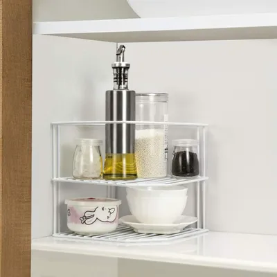 Produktbild von 3-stöckiges weißes Eckregal für die Aufbewahrung in Küchenschränken – Ablage-Organizer – 2er-Pack Küchenschrank-Organizer